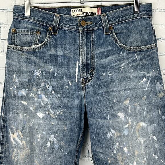 Levis 569 Loose Straight Jeans Distressed Paint Splattered Denim Blue Mens 30x31 - Picture 9 of 10